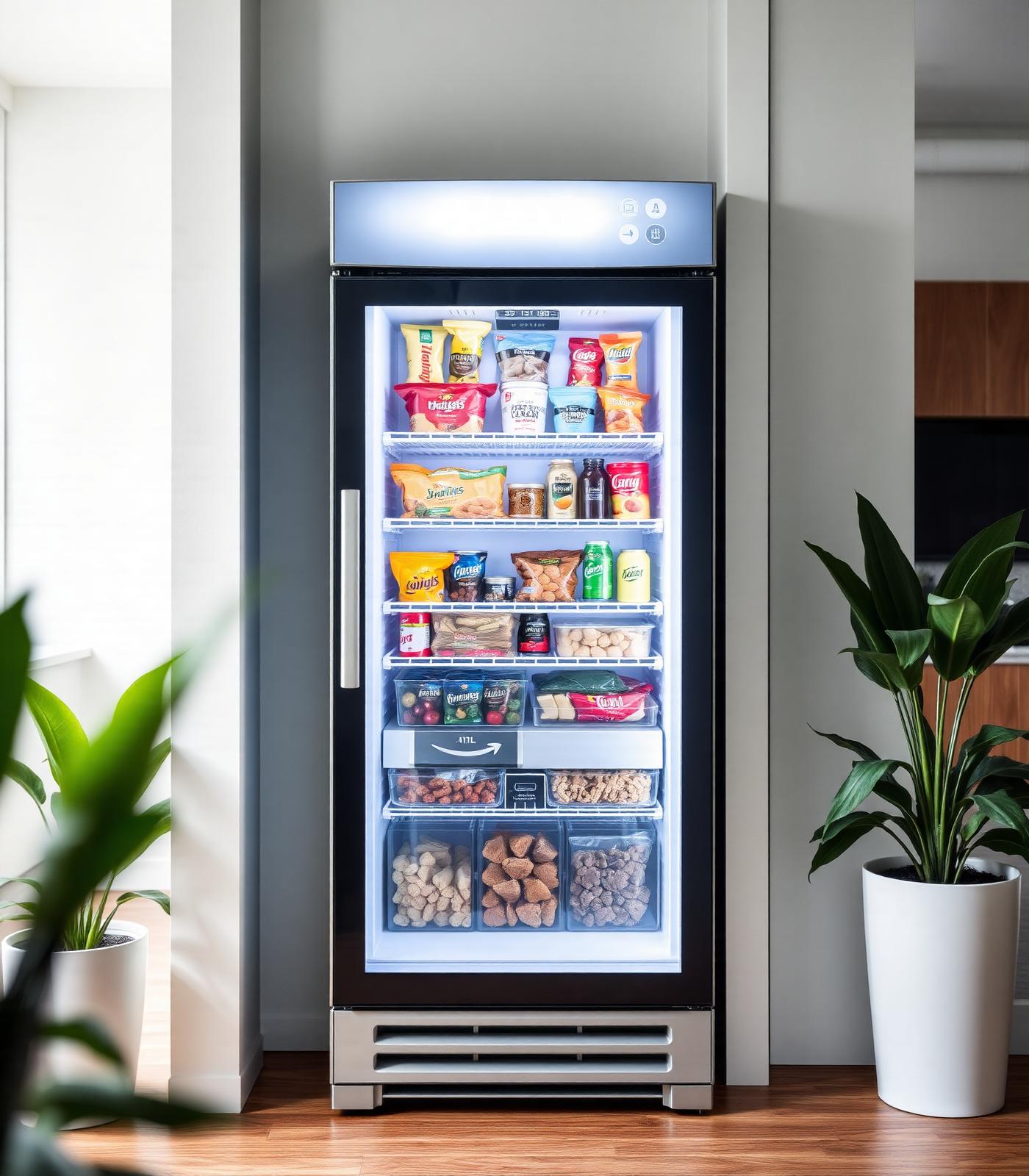 Vend Hub AI-powered smart cooler stocked with fresh snacks and drinks in a modern workplace